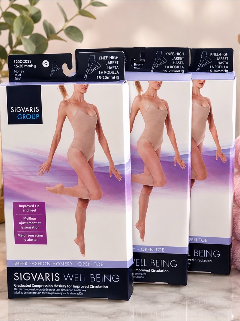 Sigvaris Group 3 Well Being open toe calf compression Sheer Hosiery - Honey sz C